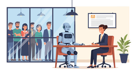 Fototapeta premium Flat 2D illustration of a businesswoman sitting at a desk with a robot in an office, discussing AI and unemployment with colleagues in the background.