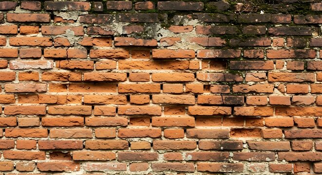 An old weathered red brick wall shows moss growth and crumbling mortar