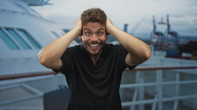 Man holding hands on head with wide eyes and open mouth standing on cruise ship building deck by railing during daylight; surprise adventure.