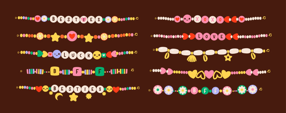 Friendship beaded bracelets and necklace accessories. Trendy Y2K jewelry with colorful plastic beads, braid details, and friendship elements. Perfect for kids, fashion, and handmade craft themes.