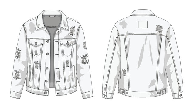 Fashion flat sketch of a distressed white denim jacket front and back views for apparel design