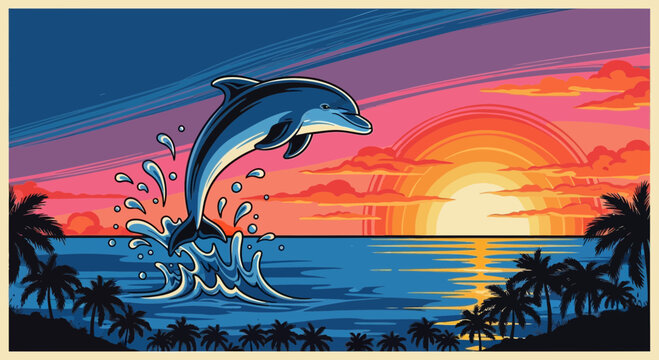 Dolphin Jumping at Sunset Tropical Beach Palm Trees Ocean Waves Vibrant Sky