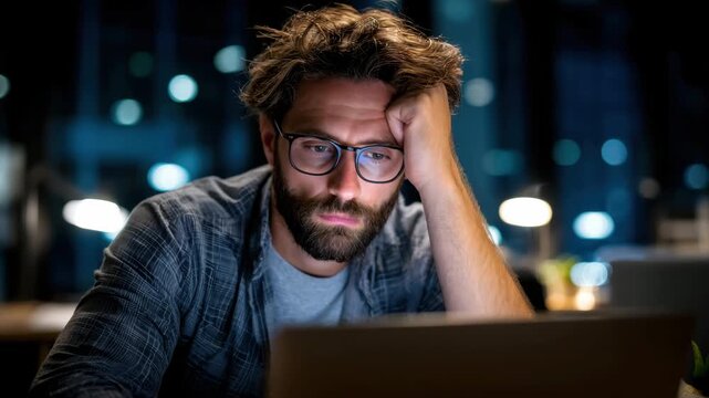 A man with glasses looks perplexed while staring at his laptop in a darkened office. His expression shows frustration as he deals with technical difficulties late at night.