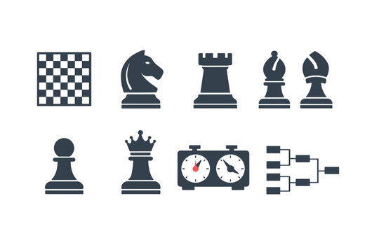 Collection of chess game icons including board, pieces, timer, and tournament bracket