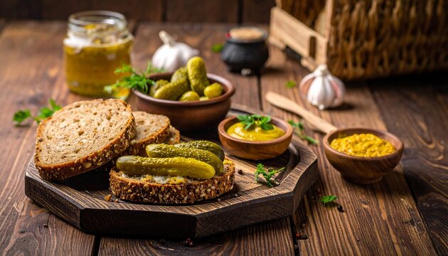 Brotzeit mit Essiggurken und Senf