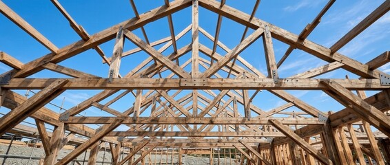 Fototapeta premium Wooden roof truss structure under construction against blue sky