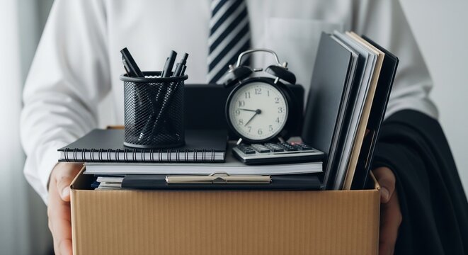 Professional employee carrying a box of personal office items, symbolizing job loss, unemployment, or a career transition