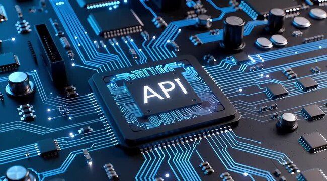 Close-up of a computer circuit board with API processor and glowing blue lines
