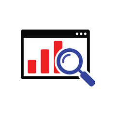 Magnifying glass over a bar graph on a computer screen, representing data analysis, SEO, and business growth.