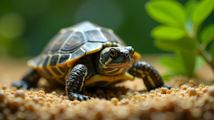 Naklejka premium This stunning close-up captures a vibrant turtle on sandy ground, surrounded by lush greenery. The intricate patterns on its shell and expressive eyes highlight its beauty and unique characteristics.