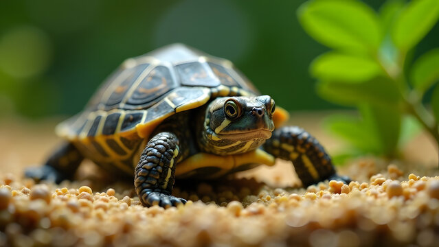 This stunning close-up captures a vibrant turtle on sandy ground, surrounded by lush greenery. The intricate patterns on its shell and expressive eyes highlight its beauty and unique characteristics.