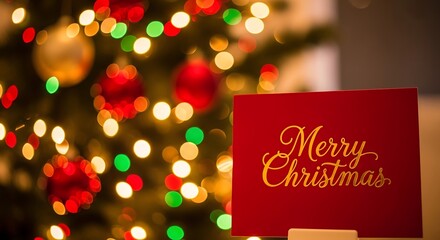 Naklejka premium Festive Christmas Tree and Card with Holiday Greetings.