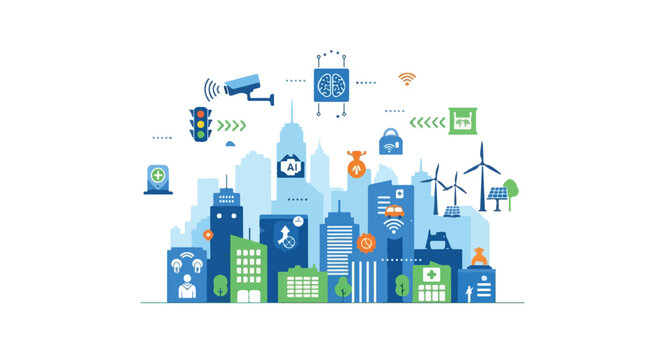 Flat 2D illustration of a cityscape with various technology and ecosystem icons floating above, showcasing a futuristic urban environment.