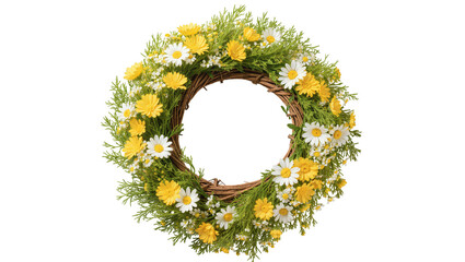 Isolated natural spring wreath with vibrant yellow and white daisies and green foliage © Lyra