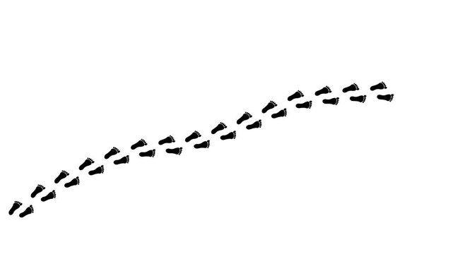 Black footprints trail across pure white background. Path curves gently, suggesting movement forward. Each step shows clear, distinct impression. Minimalist design evokes journey or progress