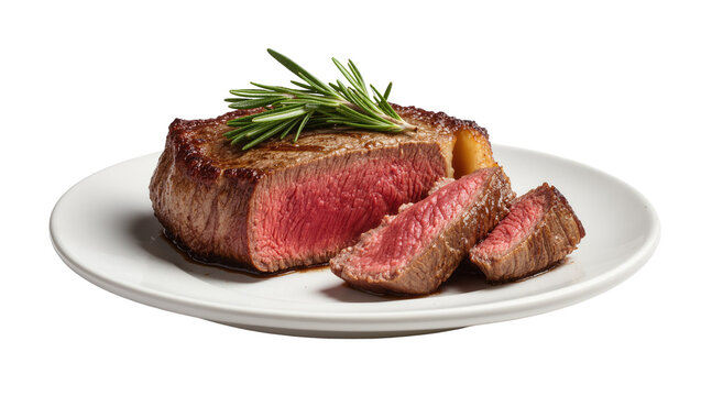 Isolated perfectly cooked beef steak with fresh rosemary on a plate, sliced showing tender red meat