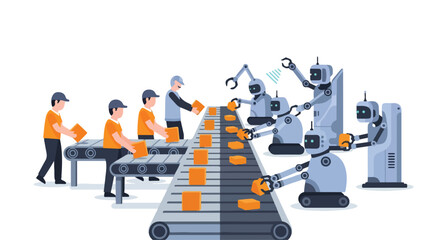 Obraz premium Flat 2D illustration of workers and robots collaborating on an assembly line with automation and AI integration, showcasing jobs and industrial concept.