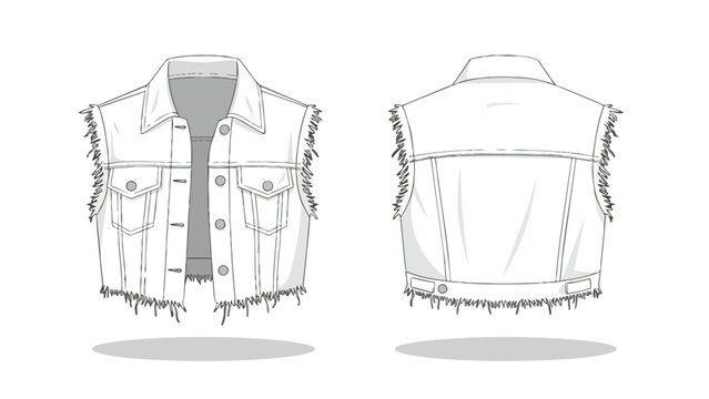 Fashion technical sketch of a trendy sleeveless denim vest with distressed fringe detailing front and back view