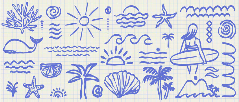 Hand drawn doodle beach surf vector illustration set. Tropical naive coastal elements. Palm trees, waves, starfish, woman surfer or sun. Summer ornament design for t-shirt, poster and placard prints.