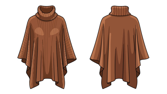 Cozy brown turtleneck poncho design, offering both front and back views for fashion illustration.
