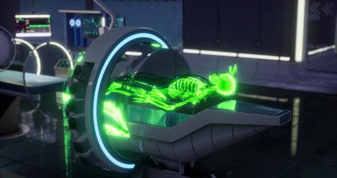 A detailed representation of a human skeleton is illuminated in a high tech lab. The skeleton is positioned on a modern examination table, showcasing advanced technology and anatomical studies.