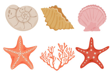 Flat vector illustration set with seashells, starfish and coral. Marine beach elements isolated for summer vacation, ocean themes, coastal design and seaside graphics © E_katherinne