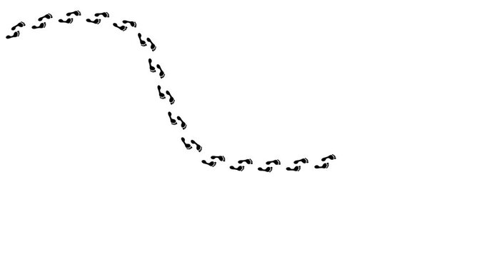 Black footprints trace a winding path across white space. Simple, clean, and minimal in design. Perfect for motion graphics or illustrative projects. Evokes journey, movement, or direction