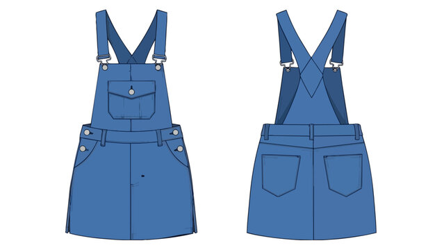 A detailed vector illustration of a contemporary denim overall dress, showcasing both its front and back views with clear design elements for