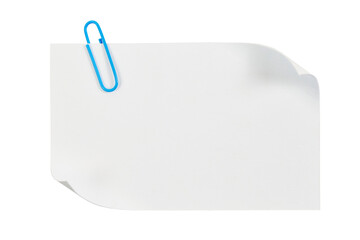 Fototapeta na wymiar blank note paper with curled up edges and blue paperclip isolatedd on white or transparent png
