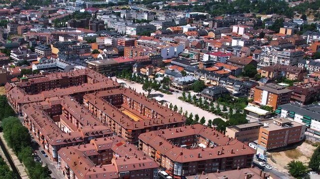 Aerial panorama view around the downtown of the city Collado Villalba  in Spain on a sunny summer noon.