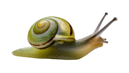 Isolated green garden snail with a spiral shell crawling slowly, showcasing its delicate features © Peregrine