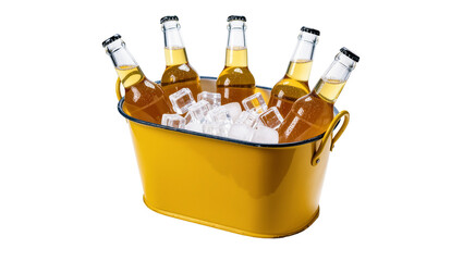Isolated yellow bucket with five cold beer bottles and ice cubes for a refreshing party © Peregrine