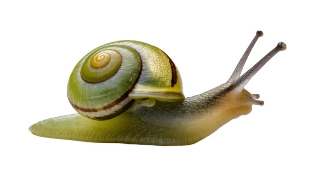 Isolated green garden snail with a spiral shell crawling slowly, showcasing its delicate features