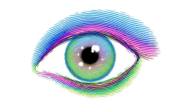 Colorful eye illustration with rainbow iris and lines