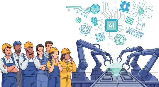 Flat 2D illustration of workers in hard hats and overalls standing beside robotic arms with AI and automation concept graphics floating above them on a white background.