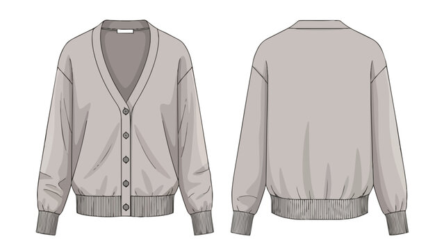 Technical drawing of an oversized v-neck knit cardigan showing front and back views for fashion design.
