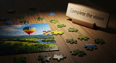 Naklejka premium Completing a Jigsaw Puzzle on a Wooden Surface