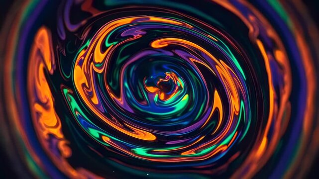 Colorful chemical reaction swirling inside liquid vortex, macro perspective of vibrant pigments forming dynamic spiral motion, hypnotic abstract pattern representing chemistry processes, energy flow 