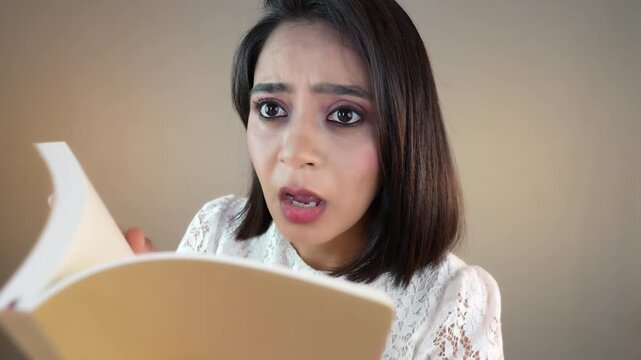 Close up of shocked young Asian student girl or woman holding a book look at camera feels confusion doubt, isolated over grey studio background.