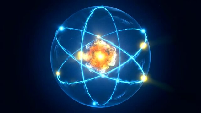 Glowing atom structure with electrons orbiting.