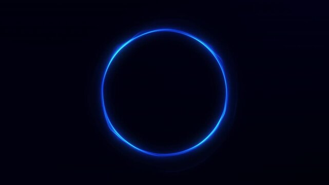 Bright neon blue circular light ring glowing in dark space creating futuristic minimal abstract halo. Clean energy glow with modern digital atmosphere.