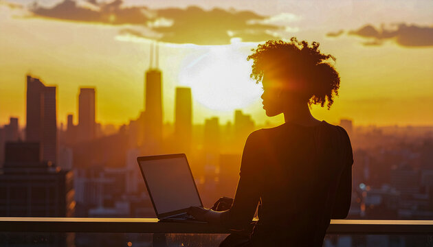 Silueta de persona trabajando con port&aacute;til en una azotea con skyline al atardecer. Concepto de trabajo remoto y vida urbana.