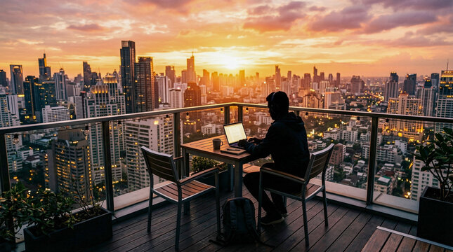 Silueta de persona trabajando con port&aacute;til en una azotea con skyline al atardecer. Concepto de trabajo remoto y vida urbana.