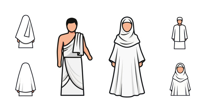 Vector icon set of Muslim pilgrims a man and woman dressed in traditional white Ihram for Hajj or Umrah.