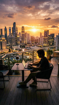 Silueta de persona trabajando con port&aacute;til en una azotea con skyline al atardecer. Concepto de trabajo remoto y vida urbana.