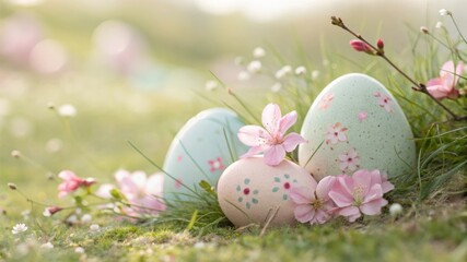 Fototapeta premium Beautiful Easter Eggs and Pink Blossoms on Soft Green Grass in Spring Nature Scene