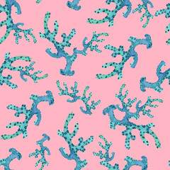 Fototapeta premium A seamless watercolor pattern with blue corals on a pink background. Hand-drawn nautical style.