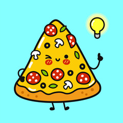 Cute pizza character having a good idea with lightbulb