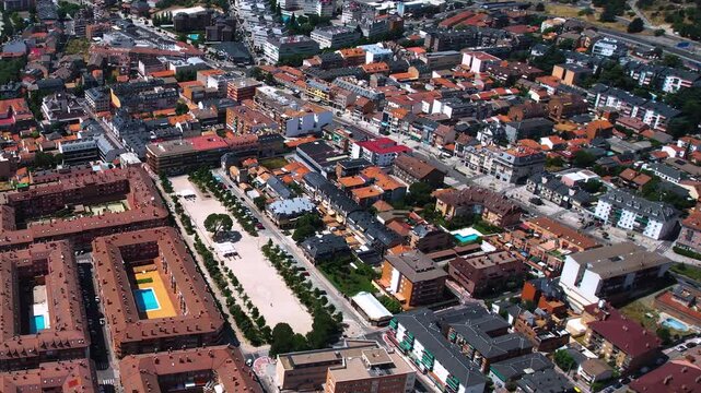 Aerial panorama view around the downtown of the city Collado Villalba  in Spain on a sunny summer noon.