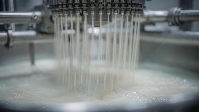 Medium shot capturing pulp aramid fibers in the initial spinning stage focusing on the transformation of organic fibers into robust components for advanced heatresistant